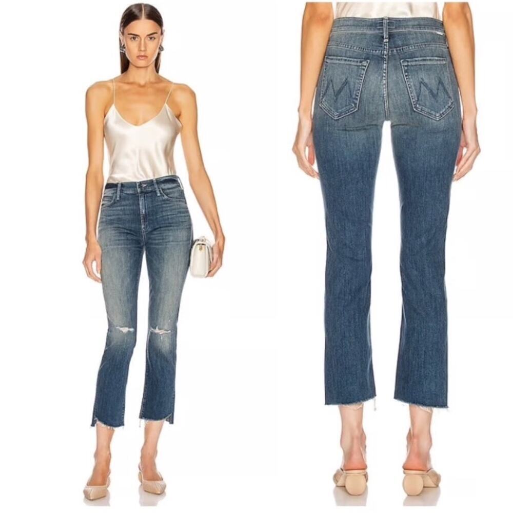 Mother The Rascal Ankle Step Fray Straight Leg Jeans Knee Distressing Blue 25